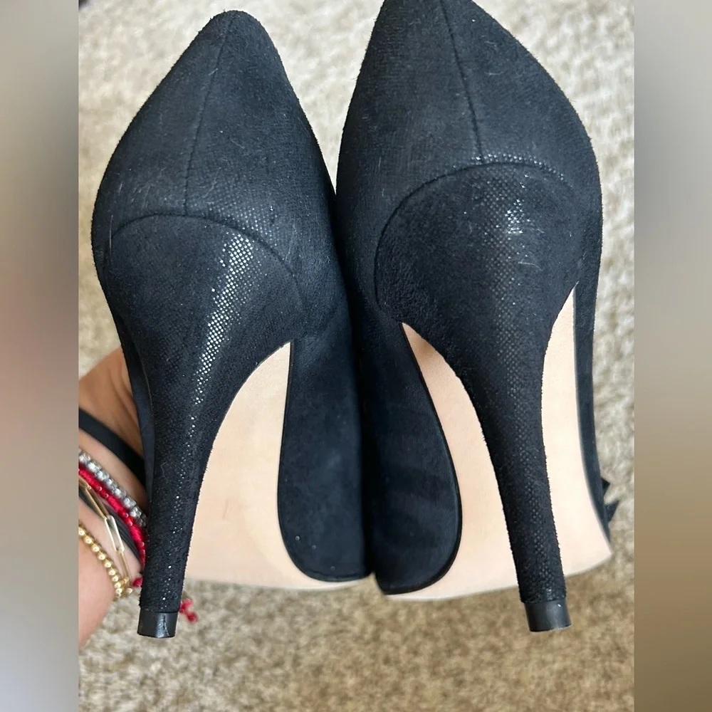 Stuart Weitzman Vampy Coquette Bowover Black Sparkle‎ Peep Toe SZ 6